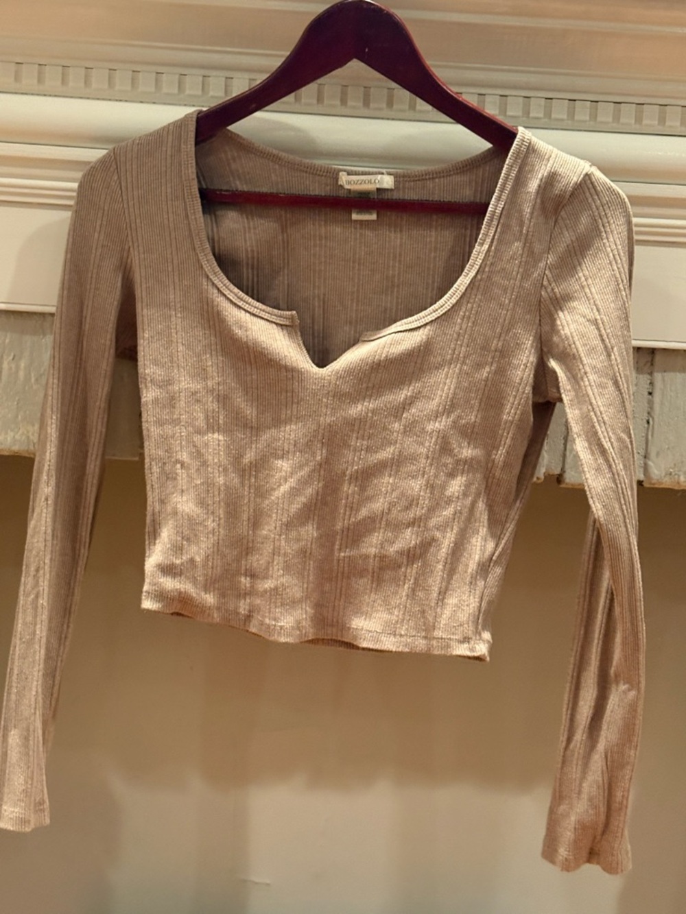 Bozzolo Neutral Ribbed Scoop Crop Top in Beige